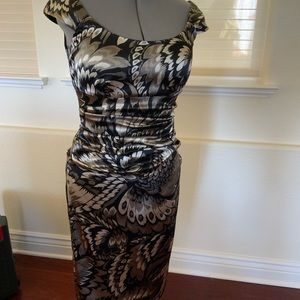 London Times ruched party dress, olive, cream, and black pattern.